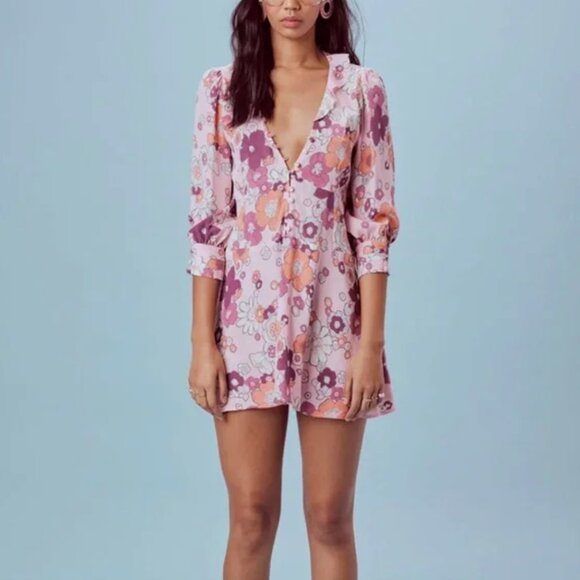 For Love and Lemons Groovy Pink Floral Button Up Shirt Dress, Sz XS - Picture 1 of 5